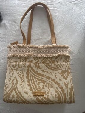 Spartina 449 Neutral Paisley Canvas Tote with Tan Straps
